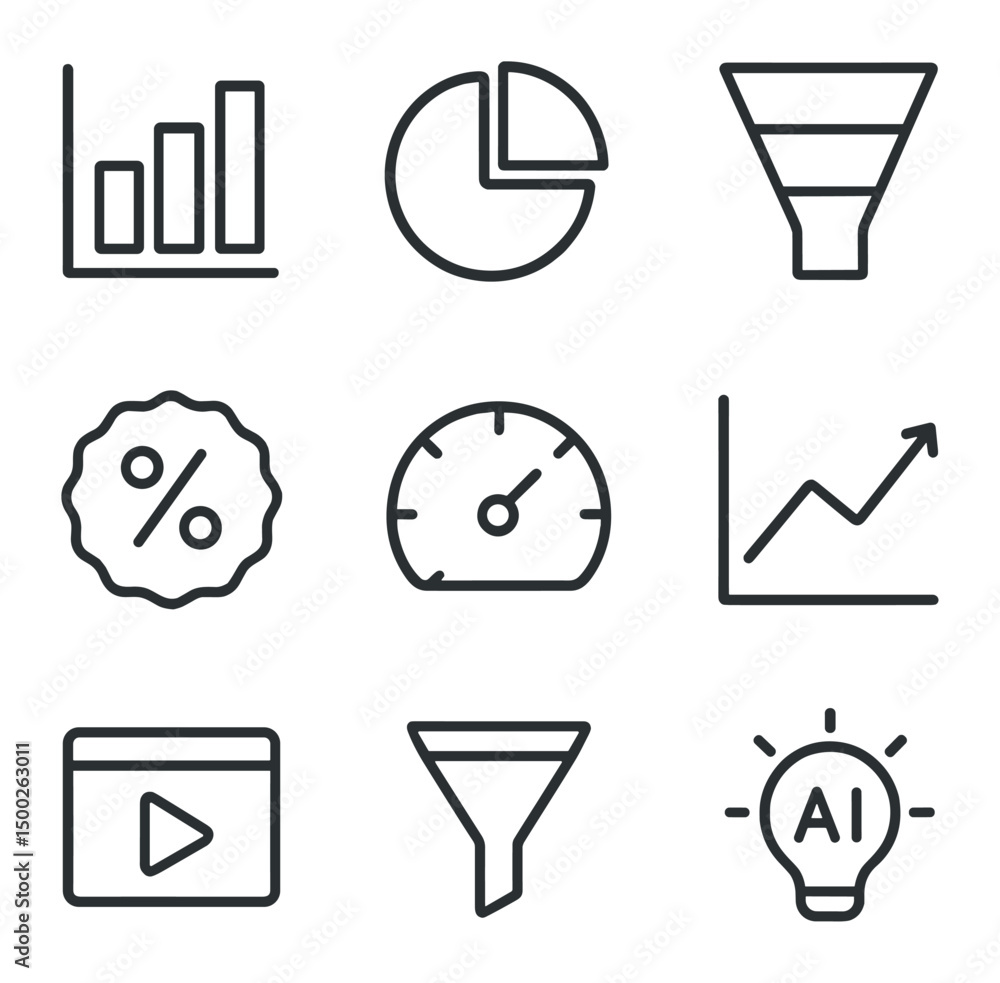 Poster analytical icons grid. outline icon set of data-driven design analytics: bar graph, pie chart, user 