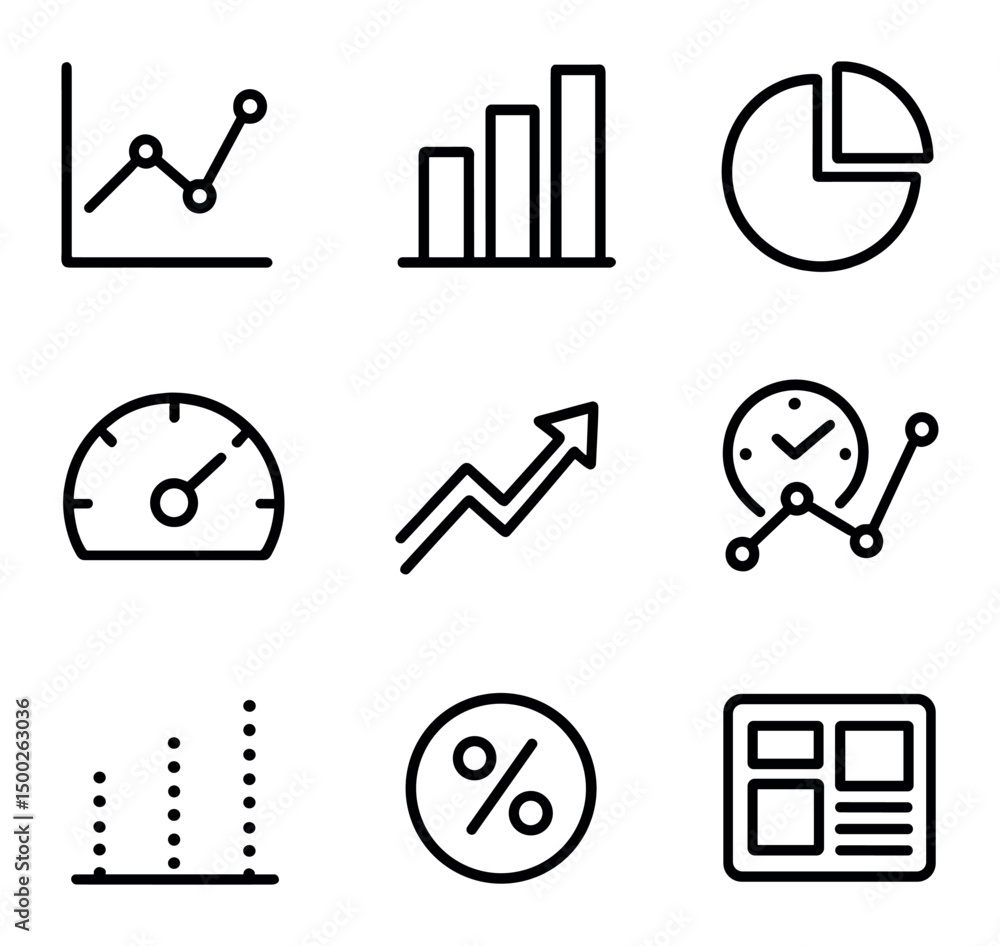 Aufkleber analytics icon set. outline icon set of real-time analytics: line graph, bar chart, pie chart, dashb
