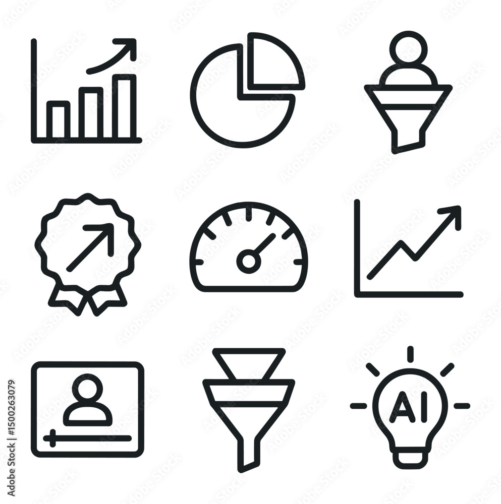 Aufkleber analytical icons grid. outline icon set of data-driven design analytics: bar graph, pie chart, user 