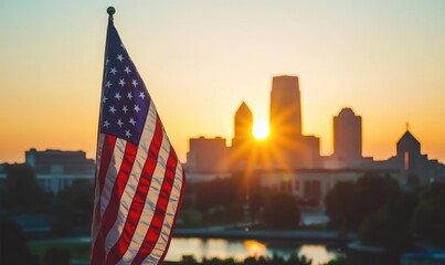 Naklejka premium American flag draped over Des Moines skyline at sunset for 4th of July. AI generated illustration.