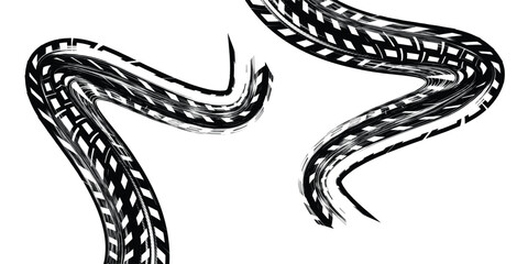 Obraz premium Tire trace track. Abstract wheels braking distances, tread silhouettes brushes. Isolated car or motorcycles vector trails
