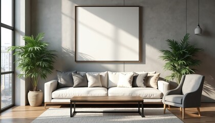 Obraz premium Modern living room interior with industrial style design. Big blank wall mockup above sofa, chair for art, presentation. Plants with beautiful shadows. Minimalist style, home decor, empty frame