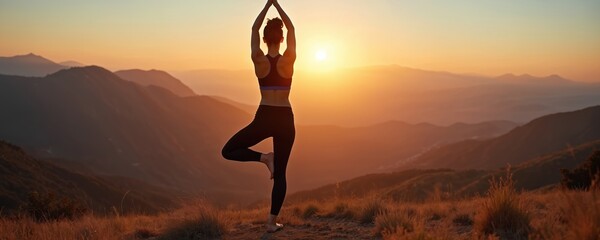 Silhouette of woman doing yoga pose at mountain sunset. Female stands in balance during meditation, enjoying sun, outdoor nature environment. Healthy lifestyle, yoga practice, mindful activity.