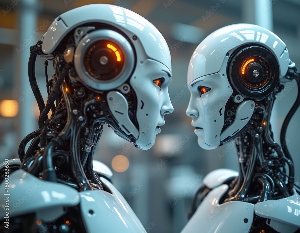 Poster futuristic robots face-to-face. advanced robotics, ai tech. intelligent machines, automated producti