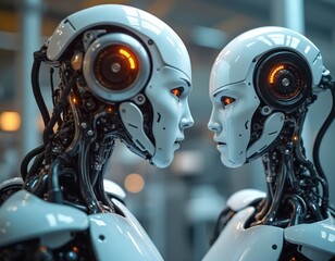 Futuristic robots face-to-face. Advanced robotics, AI tech. Intelligent machines, automated production, modern industry, high-tech process, innovation, automated manufacturing. Robots in factory.