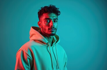 Handsome man in green hoodie against neon blue backdrop. Modern fashion portrait. Confident male model in urban style. Trendy clothing, lifestyle photography. Studio shot with color lights.
