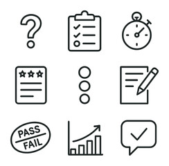 Fototapeta na wymiar Assessment Icon Set. Outline icon set of assessment & quizzes: question mark, checklist clipboard, timer, scorecard,