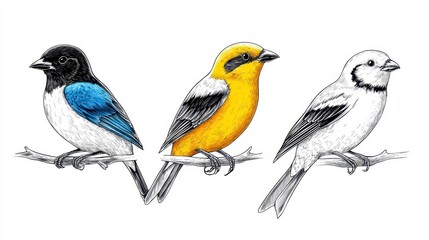 Fototapeta premium A detailed vintage style linocut illustration set showcasing three distinct wild bird species perched on branches in realistic detailed drawings perfect for nature