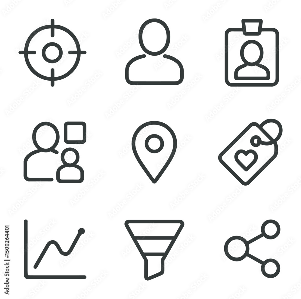 Aufkleber audience segmentation icons. outline icon set of audience segmentation visuals: target reticle, demo