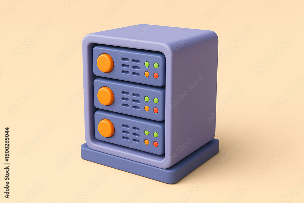 Poster a playful illustration of a compact data server featuring three stacked compartments with colorful b