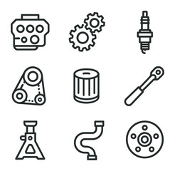 Automotive Parts Icon Set. Outline icon set of automotive parts assembly: engine block, transmission gear, spark plug, timing belt