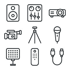 Plakat Audio Visual Icon Set. Outline icon set of audio/visual gear: PA speaker, DJ mixer, projector, video camera, tripod, microphone,
