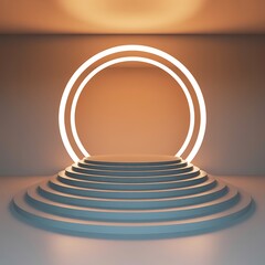 Obraz premium Elegant product display stage with illuminated circles in a peach room