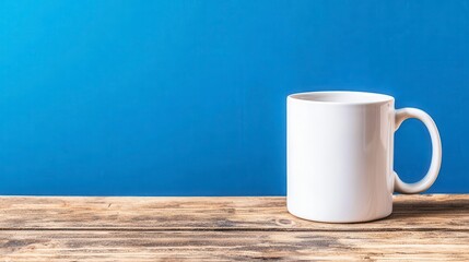 A pristine white ceramic mug sits on a rustic wooden surface against a vibrant blue background perfect for showcasing your design or on this clean and simple mockup.