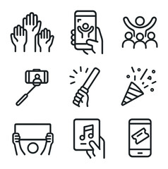 Audience Engagement Icons. Outline icon set of audience engagement: raised hands, cell phone recording, crowd wave, selfie stick,