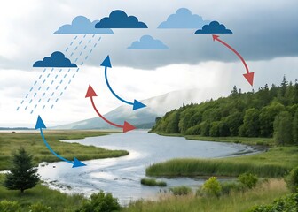 Water Cycle Illustration Over Scenic River and Mountain Landscape