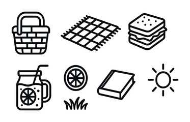 Picnic essentials outline icons set – linear, outdoor, leisure activity symbols