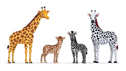A charming set of realistic cartoon giraffes and a zebra calf, perfect for children's books, educational materials, or whical designs needing adorable wildlife illustrations