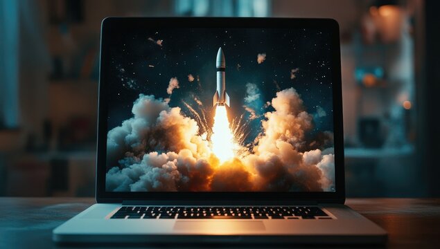 Laptop screen displaying a rocket launch (2)