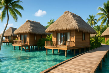 Experience the tranquility of tropical overwater bungalows surrounded by crystal clear waters and lush palm trees, perfect for a serene getaway or romantic escape in paradise.