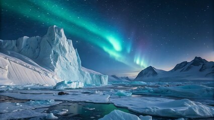 Arctic Landscape with Majestic Icebergs and Vibrant Aurora Borealis Display Under Starry Night Sky