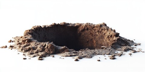 Empty hole in the ground, surrounded by loose soil