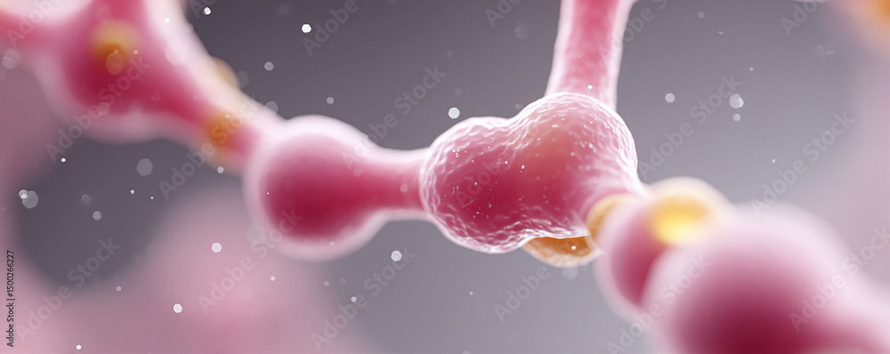 Poster macro view of a stylized, pink and yellow cell structure. represents connection, complexity, and the