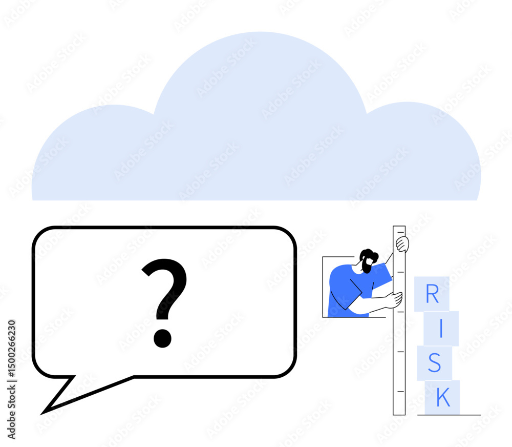 Poster person stacking blocks labeled risk while measuring height, speech bubble with question mark, cloud 