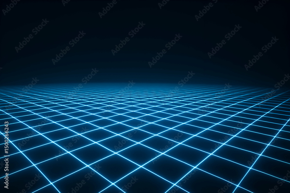 Poster a futuristic grid landscape with glowing blue lines on a dark background, creating a sense of depth 