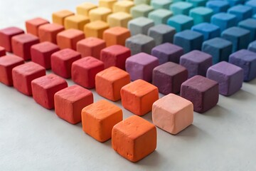 Fototapeta premium Colorful Cube Blocks Arranged in a Gradient Pattern on a Light Gray Surface