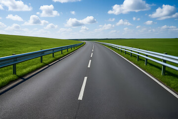 Fototapeta premium A scenic view of a winding road stretching through lush green fields under a bright blue sky scattered with clouds, highlighting the beauty of nature and travel possibilities.
