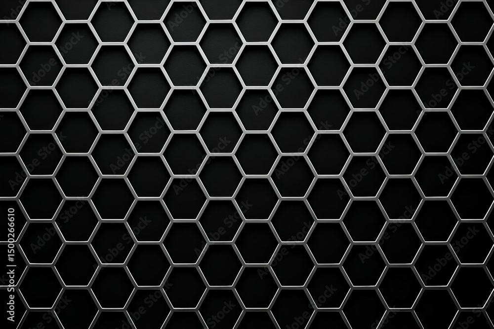 Poster a close-up view of a black hexagonal honeycomb pattern, showcasing intricate details and textures. i