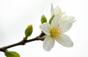 Close-up of blossoming citrus flower on white backdrop. Delicate white petals, yellow stamens, fresh buds. Springtime, floral nature background, healthy organic concept, ideal for spring design.