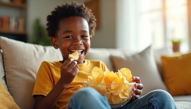 Happy young black boy eats potato chips while sitting on couch. African kid enjoys fast food snack at home. Child with chips smiles, holds bowl, tasty lunch, unhealthy food.