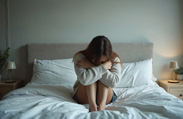 Young woman sits alone bed, curled knees, embraces self. Sadness, loneliness, despair concept. Mental health issues, depression, anxiety, stress. Unhappy girl in bedroom, suffering emotional pain.