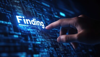 A hand touches a glowing word "Finding" on a digital interface with intricate circuit patterns