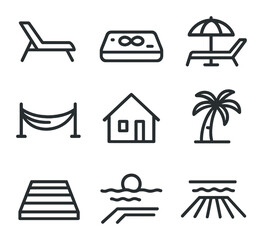 Beachfront Villa Icons. Outline icon set of beachfront villas: lounge chair, infinity pool, beach umbrella, sunbed, hammock, villa