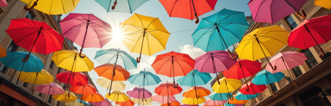Colorful umbrellas suspended above street in Paris. Bright sun shines through parasols, creating vibrant display. Tourists enjoy sunny day beneath rainbow shades, vacation atmosphere.