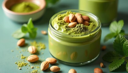 Jar nut butter, matcha. Healthy snack with pistachios, almonds. Organic food product close up. Vegan dessert, keto friendly. Fresh green color in restaurant, cafe.