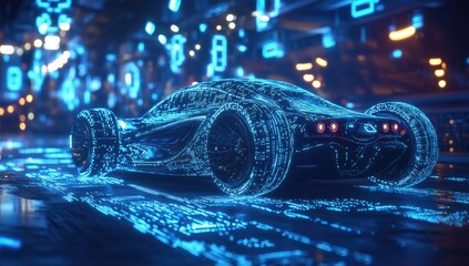 Futuristic car, digital lines, glowing lights,  data network