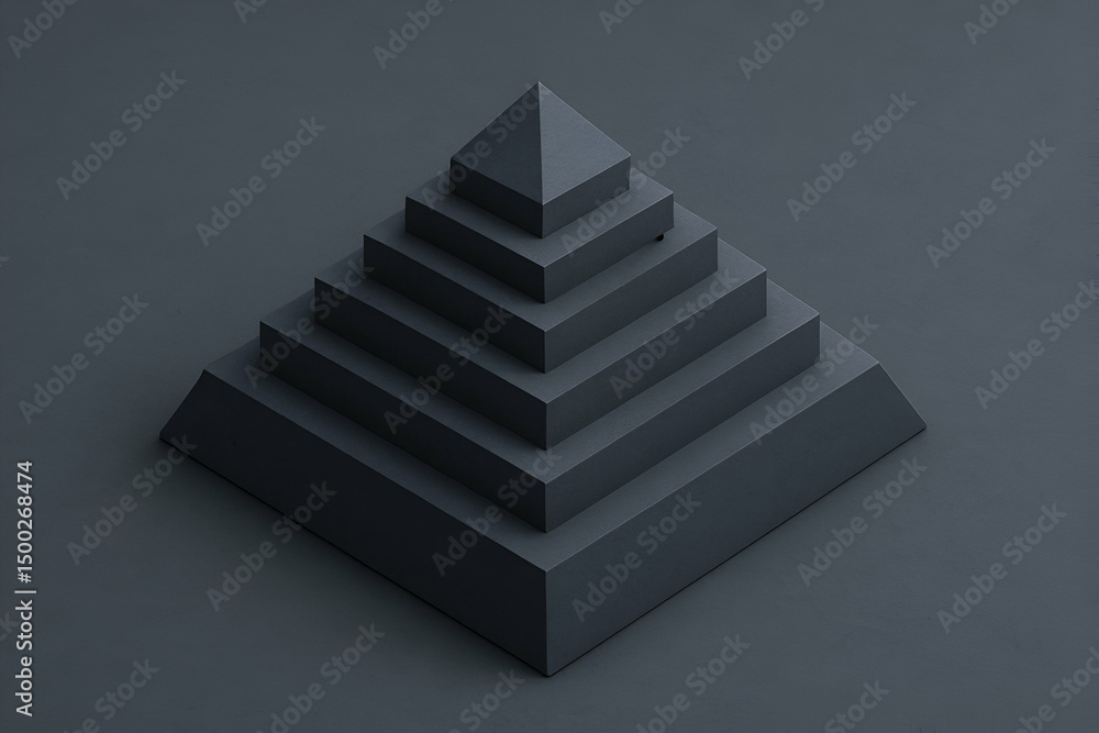 Poster a minimalist black pyramid structure with multiple layers displayed against a dark background. perfe