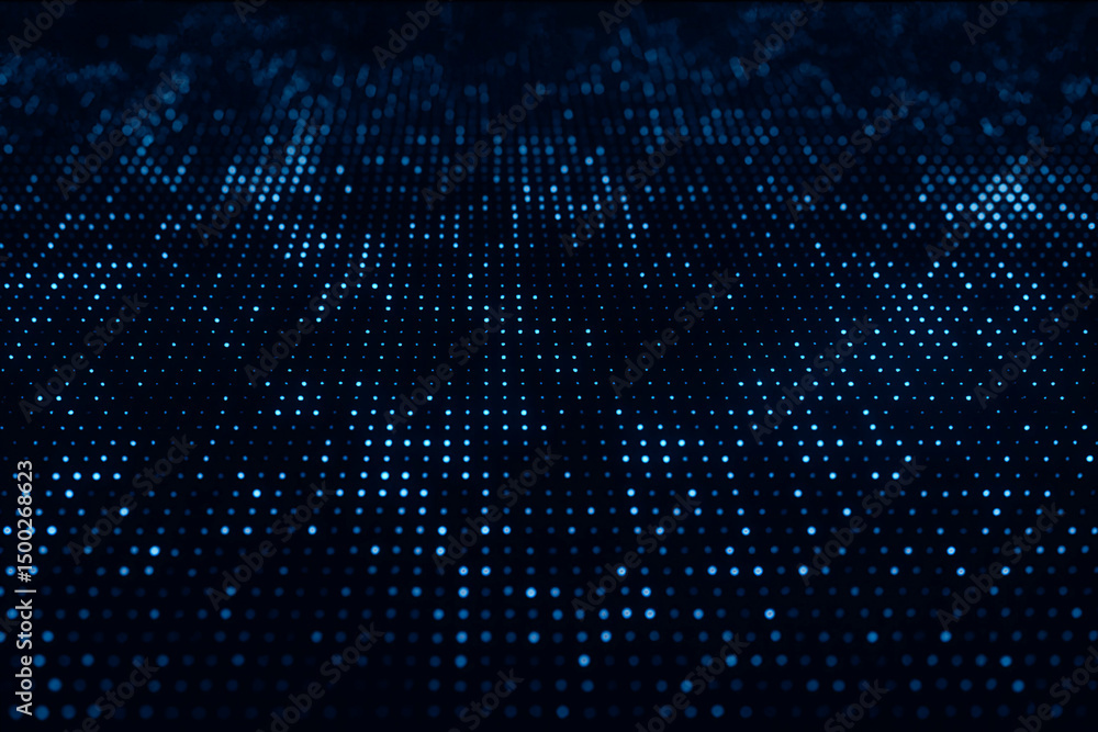 Poster this abstract image features a mesmerizing dark blue digital landscape made up of vibrant dots, crea