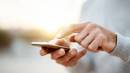 Obraz premium Man interacts with mobile device focus on hands. Depicts connection, communication, and modern tech lifestyle. Great for digital marketing, apps or mobile banking.