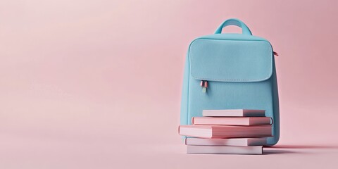 Light-blue backpack with books on a pale pink background