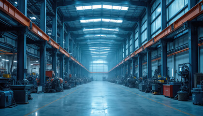 Fototapeta premium Industrial building interior with rows of factory equipment. Blue toned environment. Tech, industry, energy concept. Equipment, machinery, compressor, electric, climate control. Modern workspace,