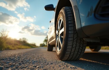 Close-up car wheel gravel road. Sunny warm day. Blue sky, clouds. Travel, vacation, adventure, countryside. Tire texture, vehicle, transport, drive journey. Road trip, automobile, auto, vehicle,