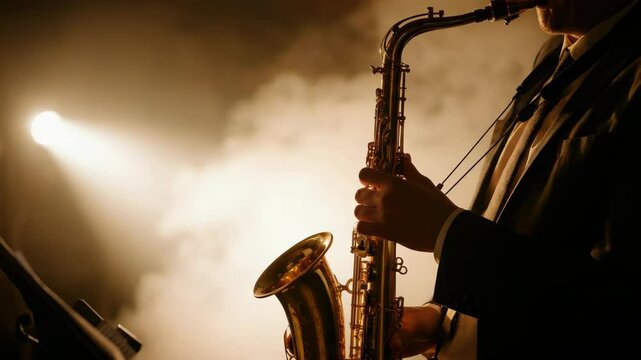 Man playing saxophone on stage with spotlight and smoke