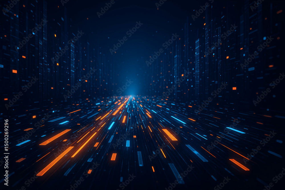 Poster a mesmerizing display of digital data streams, featuring vibrant hues of blue and orange. this abstr