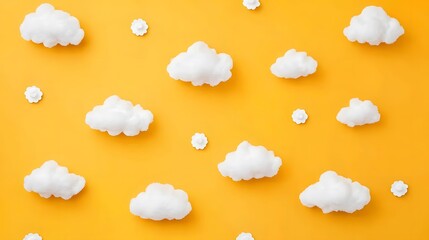 Fluffy White Clouds on Yellow Background Summer Dreamy Cotton Cloudscape