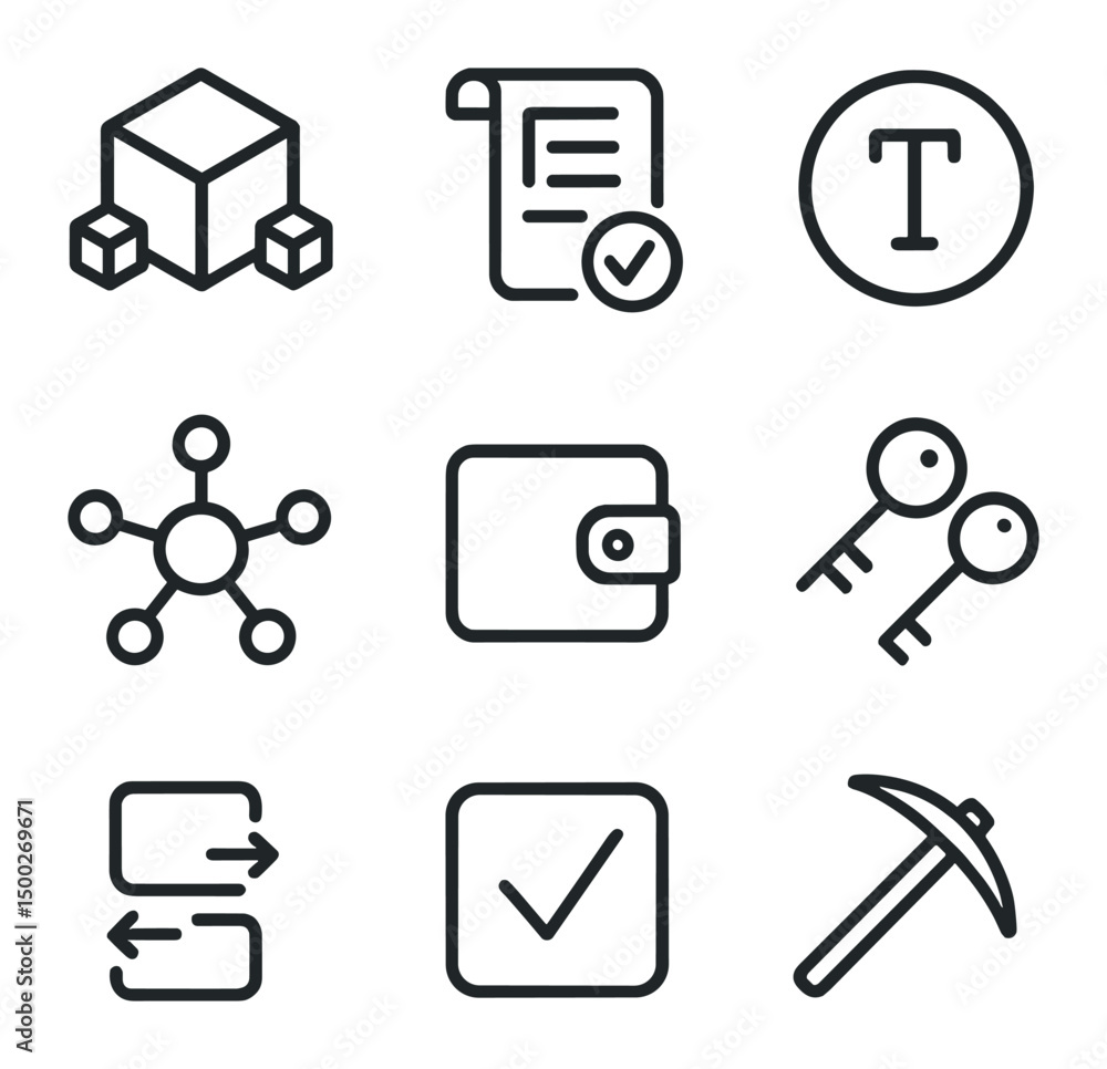 Poster blockchain icon set. outline icon set of blockchain-enabled enterprises: blockchain cube, smart cont